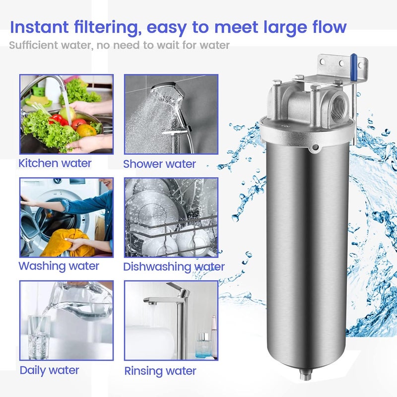 Amwater NSF/ANSI 42 Certification Stainless Steel Filter Housing for 10"/ 20" Filter Cartridge, 1/2" NPT Water Filter Housing for Whole House Water Purification of Stainless Steel 304 (10" C Housing) - Image 5